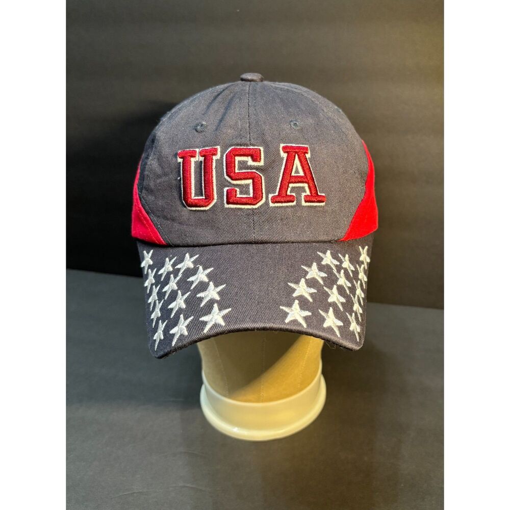 USA Patriotic Baseball Cap – Embroidered Stars Brim, Red & Navy “USA” Hat